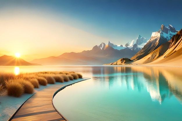 A lake with a blue sky and mountains in the background