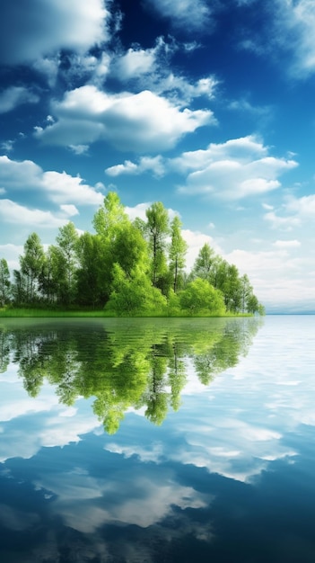 A lake with a blue sky and trees and clouds