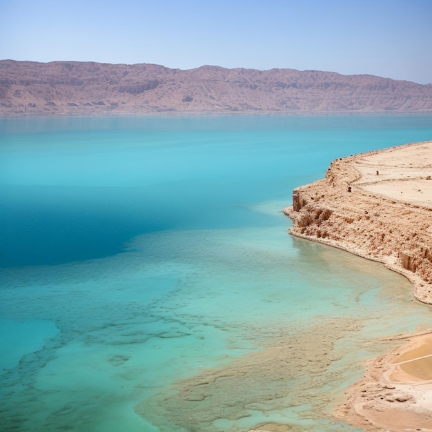 A lake with a blue water and a mountain in the background.