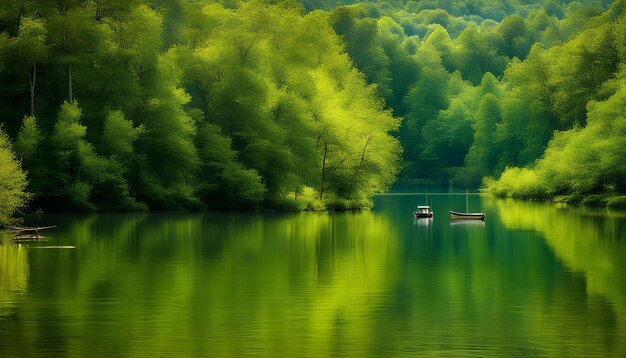 a lake with a boat and a forest in the background