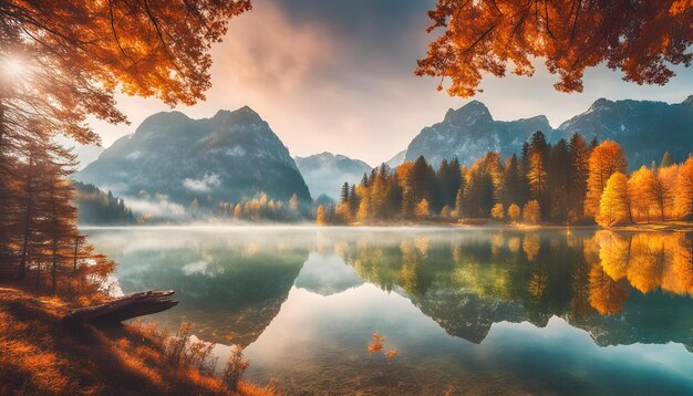 a lake with a boat and a mountain in the background