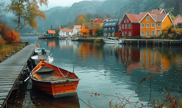 a lake with a boat and a red house in the background