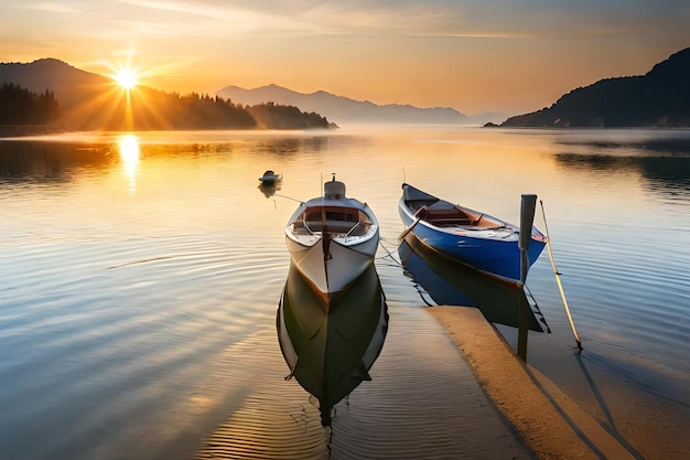 A lake with a boat and a sunset in the background