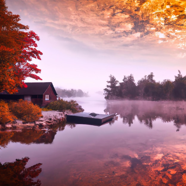 A lake with a boat in the water and a house in the background.