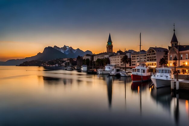 A lake with boats and mountains in the background and a sunset in the background