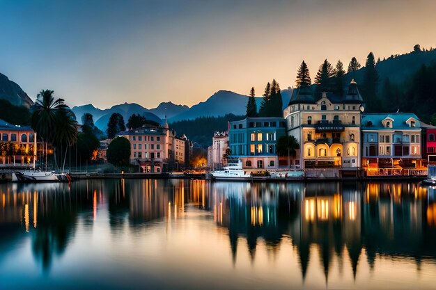 A lake with a building and a lake in the background