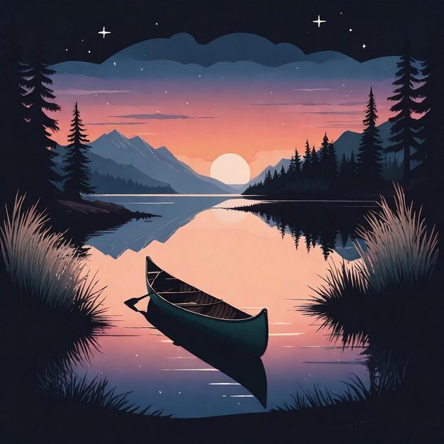 a lake with a canoe and a full moon in the background