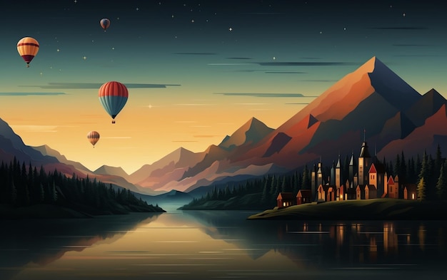 A lake with a castle and hot air balloons flying over it AI