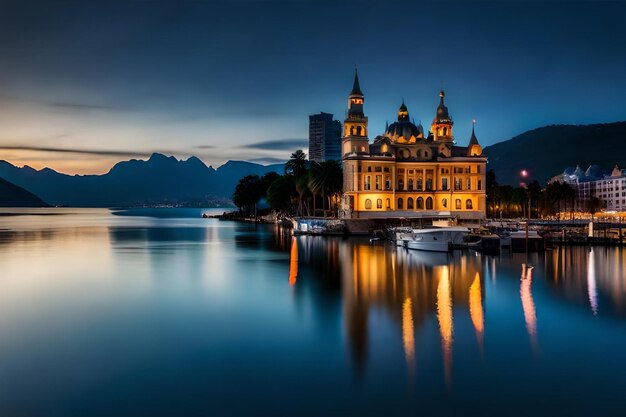 A lake with a church and a lake at night