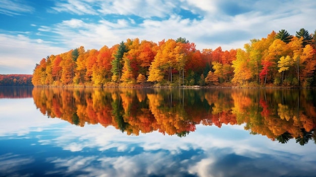 a lake with a colorful forest and clouds on the water.