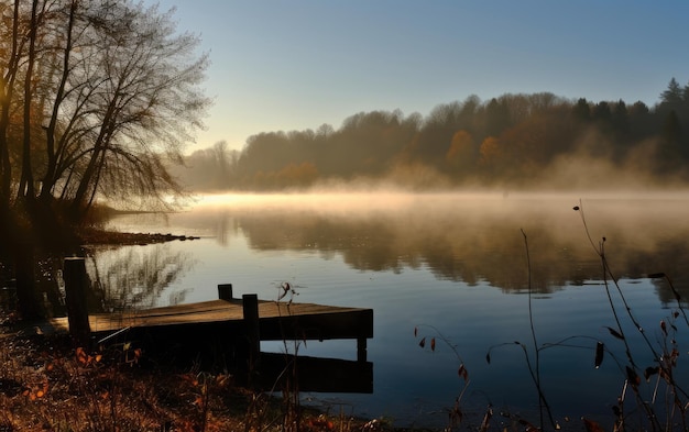 A lake with a dock and a foggy sky