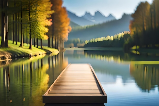 A lake with a dock and mountains in the background