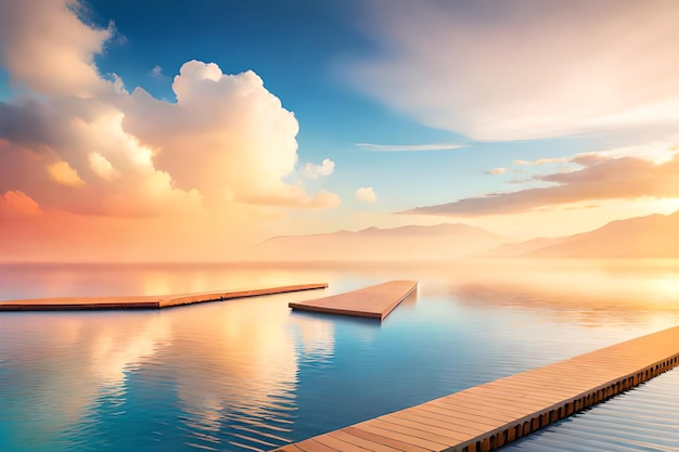 Photo a lake with a dock and a sunset sky