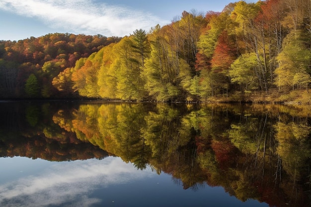 A lake with fall colors and trees reflecting in the water
