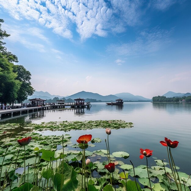 A lake with a few flowers and a few green leaves