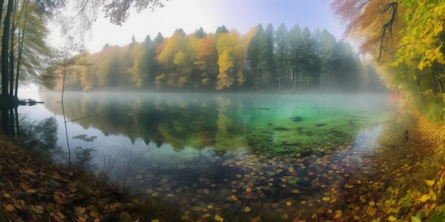 A lake with a forest in the background and a tree with leaves and a blue sky.