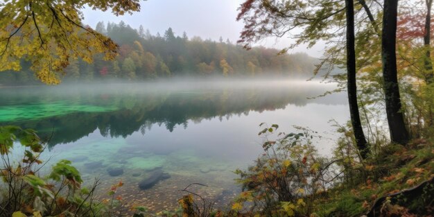 背景に森がある湖