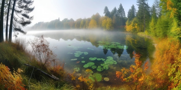 A lake with a forest in the background