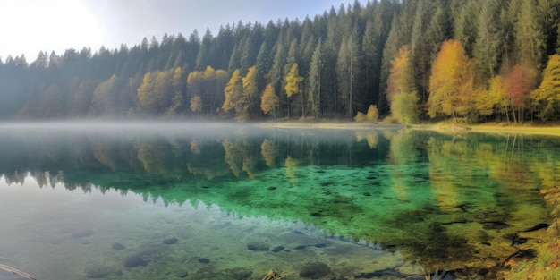 A lake with a forest in the background