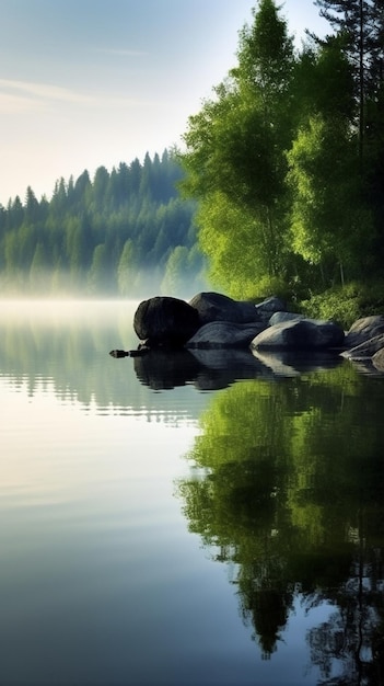 A lake with a forest in the background