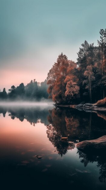 A lake with a forest in the background