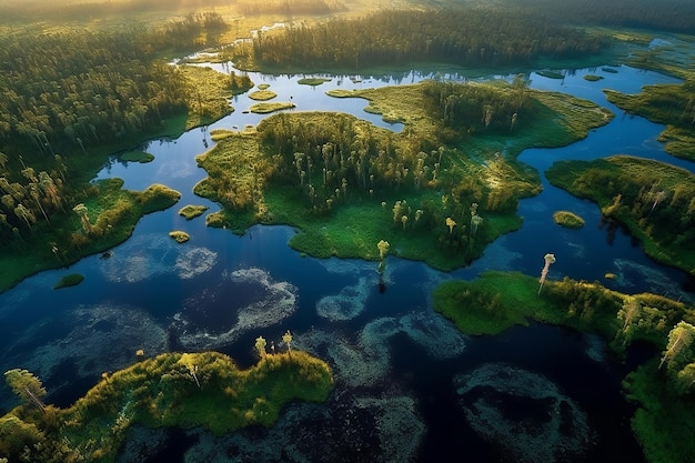 A lake with a forest and a forest in the background