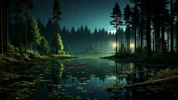 a lake with a forest and a full moon in the sky.