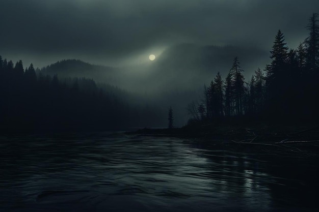 a lake with a full moon and trees in the background.