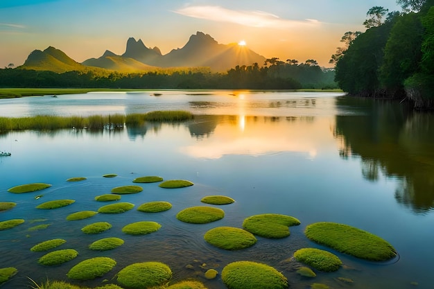 A lake with green algae in the water