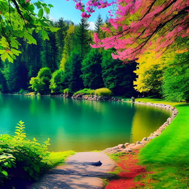 A lake with a green lake and a path that leads to a green forest.