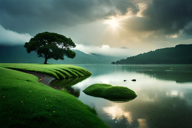 a lake with a green lawn and mountains in the background