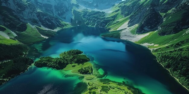 Photo a lake with green water and mountains in the background