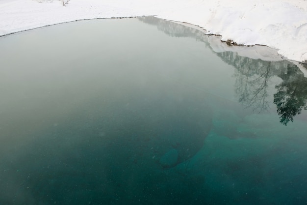 Lago con ghiaccio che riflette montagne innevate