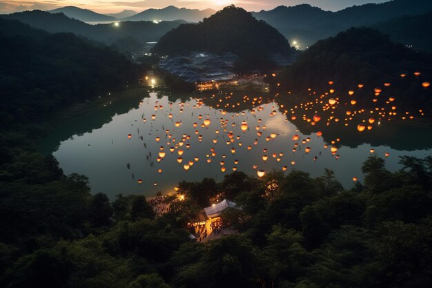 湖とランタンフェスティバルを背景に