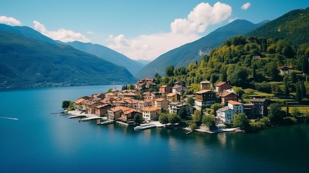 a lake with a lake and mountains in the background