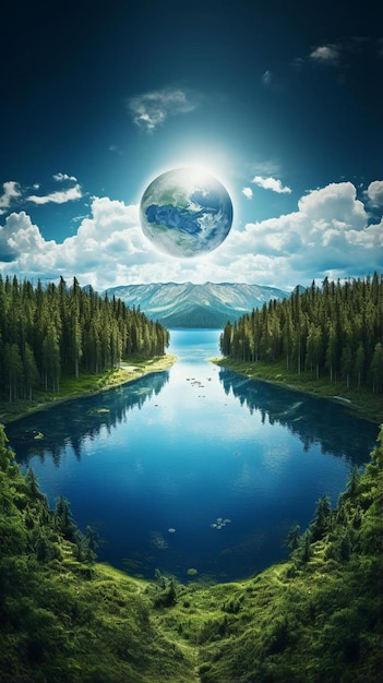 a lake with a lake and a planet in the sky