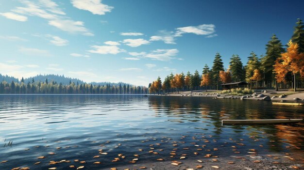 a lake with a lake and trees with a cabin in the background.