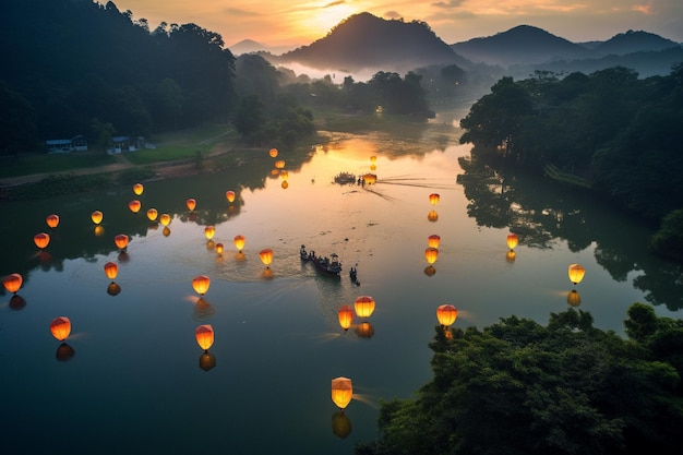 A lake with lanterns floating on it and the sky is lit up at sunset.