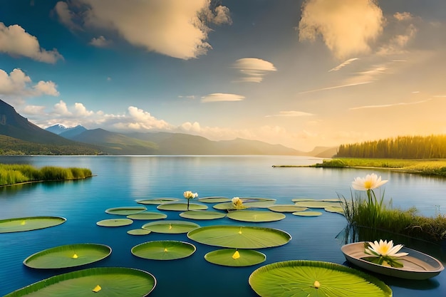 A lake with lily pads and a mountain in the background