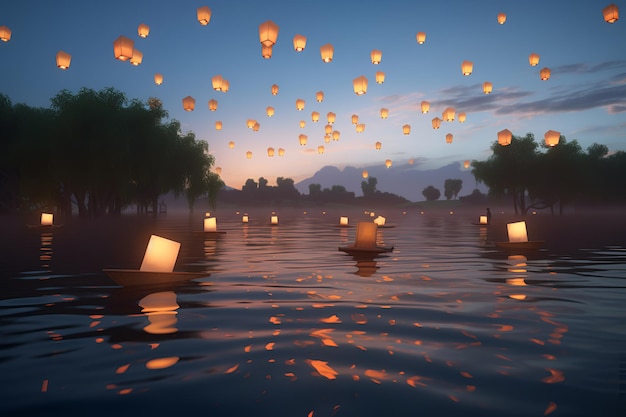 A lake with a lit up paper lanterns floating in the water