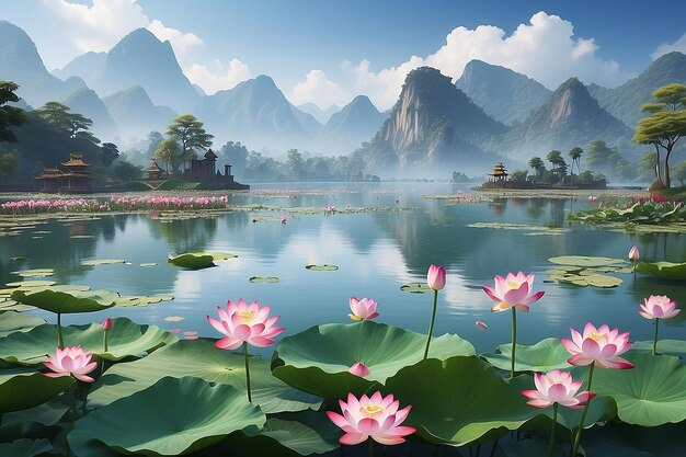 A lake with lotus flowers in the foreground and mountains in the background