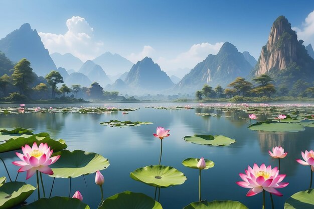 A lake with lotus flowers in the foreground and mountains in the background