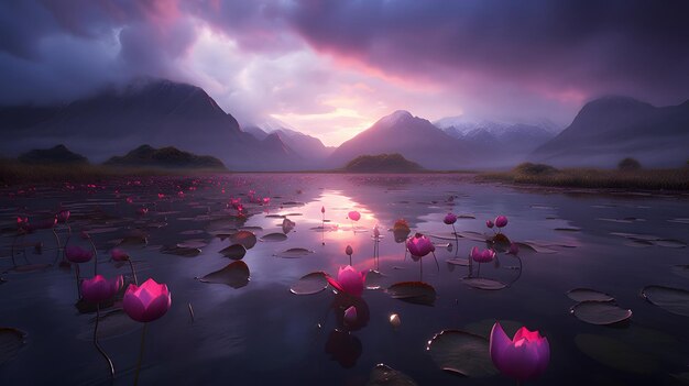 A lake with lotus flowers in the foreground and mountains in the background.