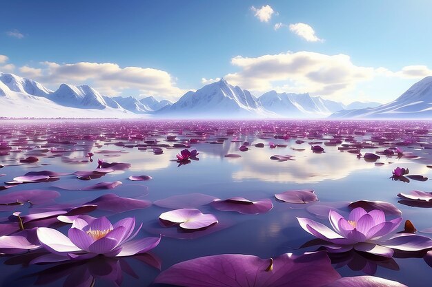 A lake with lotus flowers in the foreground and mountains in the background