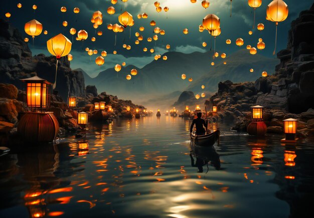 a lake with many paper lanterns floating in it