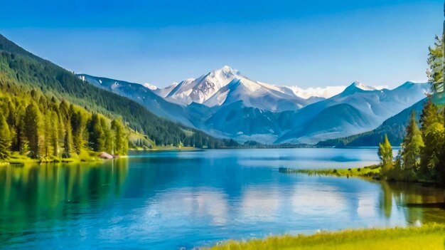 Photo a lake with a mountain in the background and a lake in the foreground