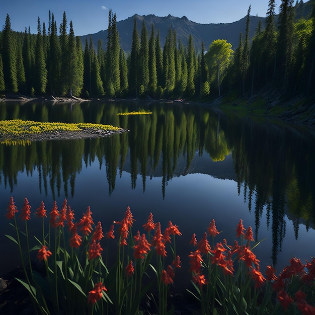 A lake with a mountain in the background and a lake with red flowers in the foreground.