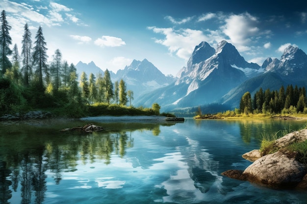 Photo a lake with a mountain in the background marvellous reflection of the sky beautiful reflexions