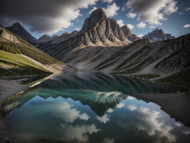 A lake with a mountain in the background marvellous reflection of the sky beautiful reflexions