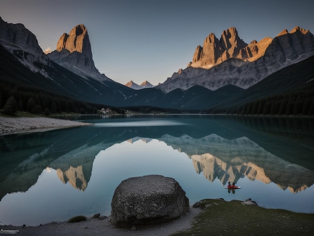 Foto un lago con una montagna sullo sfondo meraviglioso riflesso del cielo bellissimi riflessi